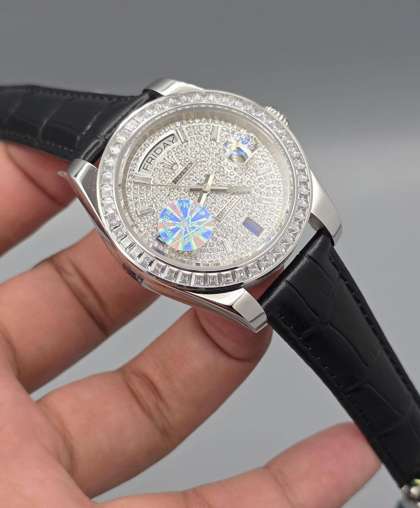 Luxury Leather Strap Watch – Full Stone Dial, Zarcon Bezel, Day & Date