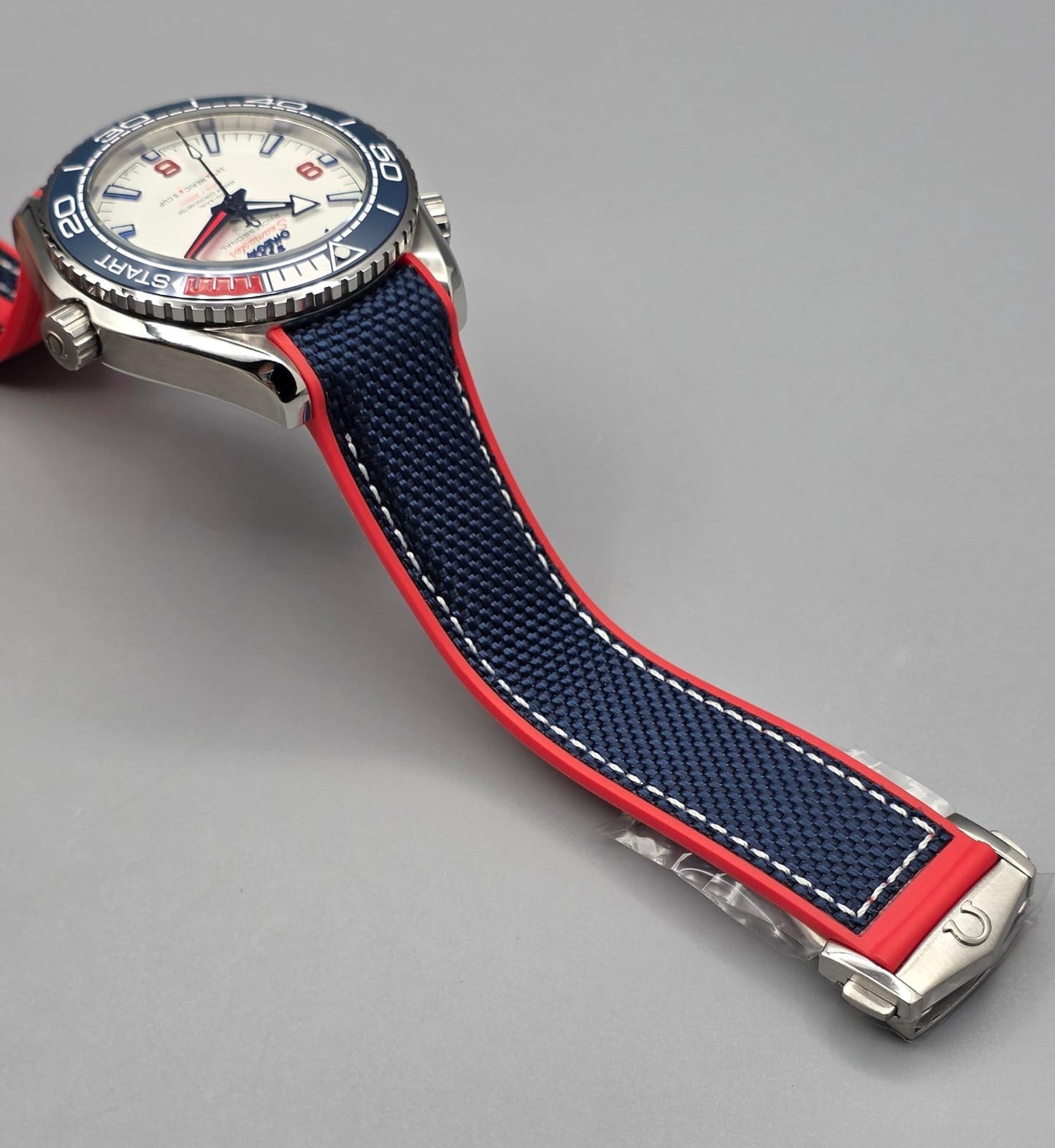 White Dial Automatic Watch with Navy Blue & Red Rubber Strap