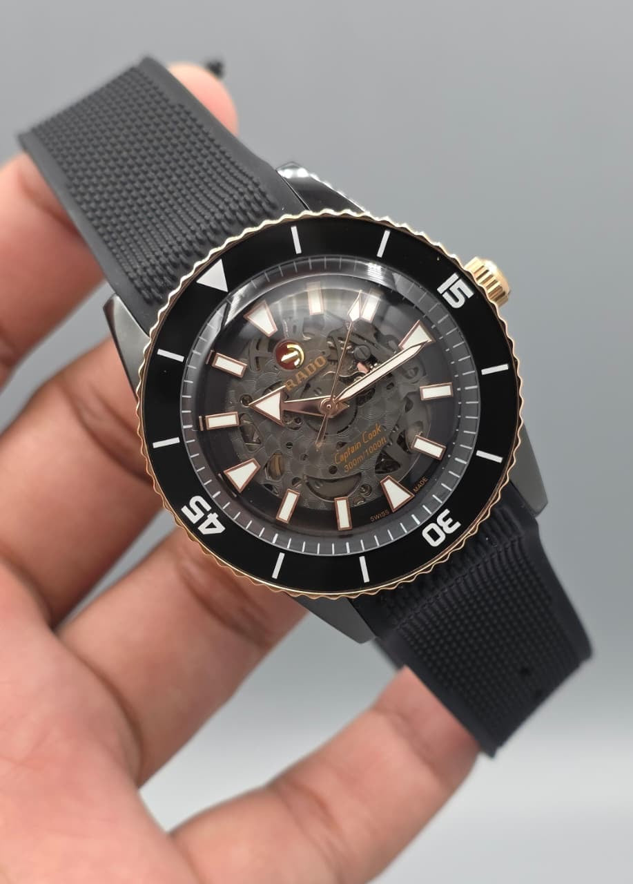 Luxury Black Skeleton Dial Watch - Rubber Strap