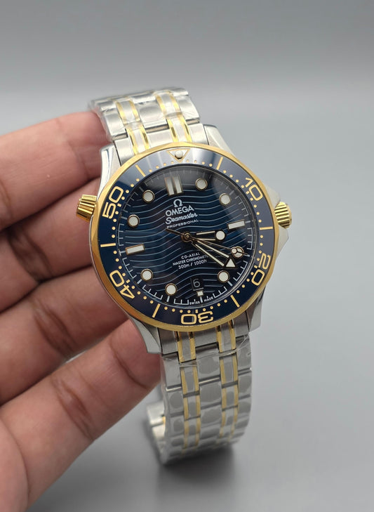 Premium Two-Tone Yellow Gold & Silver Blue Wave Dial Automatic Diver Luxury Watch