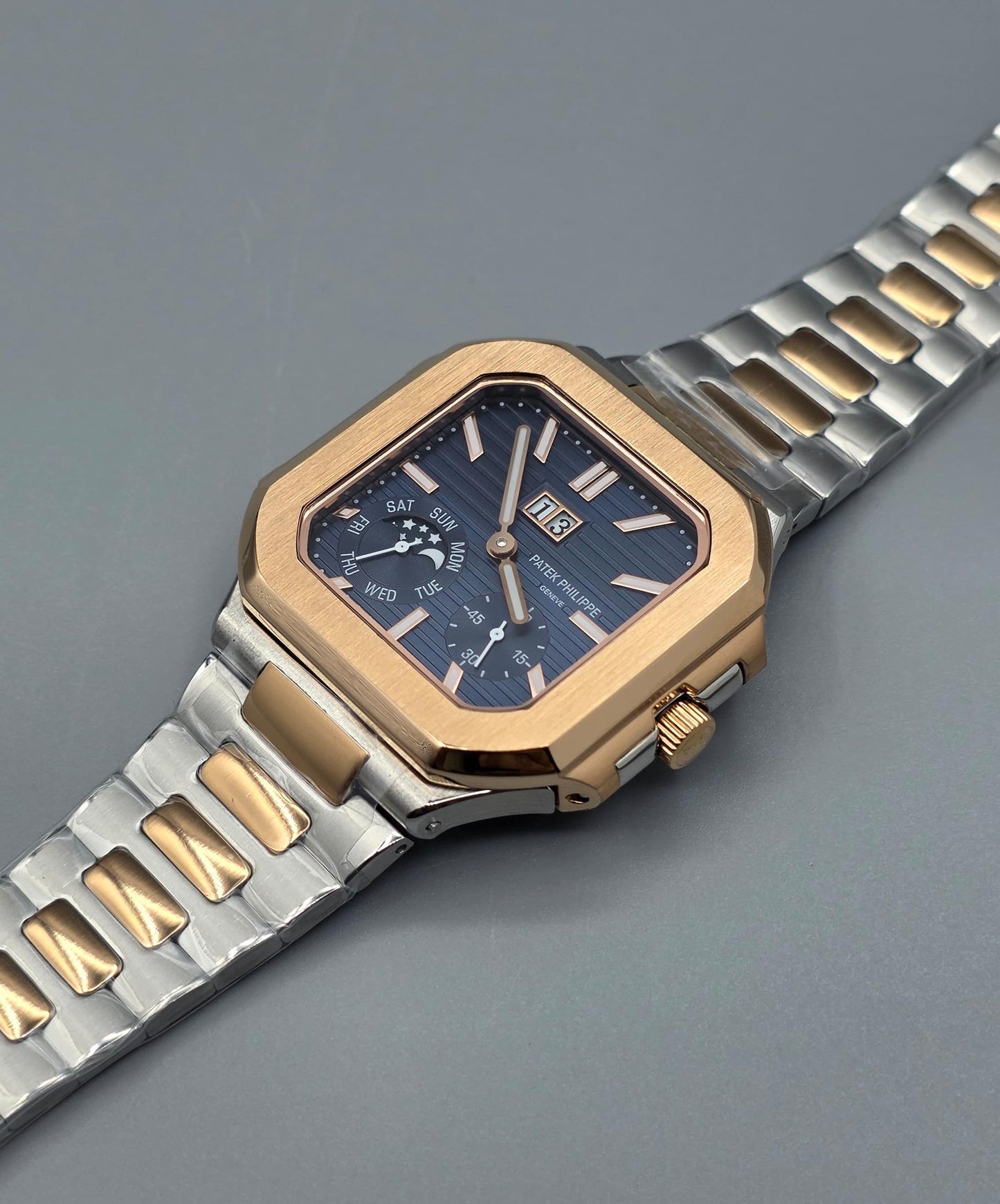Luxury Square Multi-Function Watch – Blue Dial Two-Tone Edition