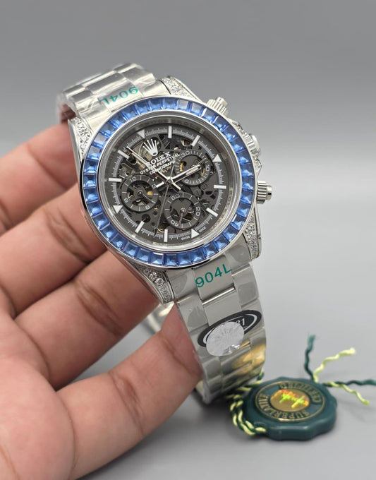 Premium Blue Sapphire Gemstone Bezel Skeleton Luxury Automatic Watch