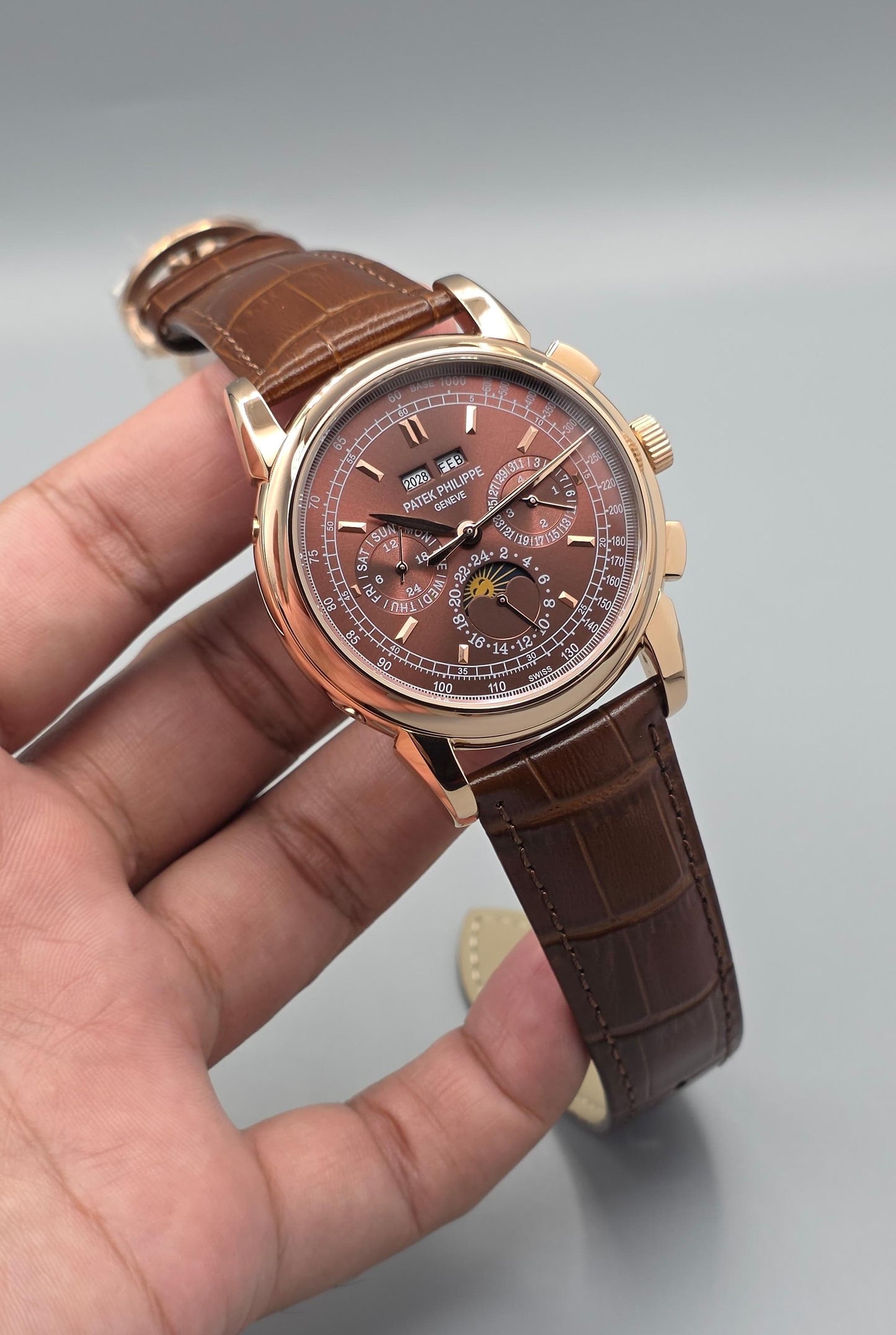 Premium Rose Gold Moonphase Leather Strap Watch