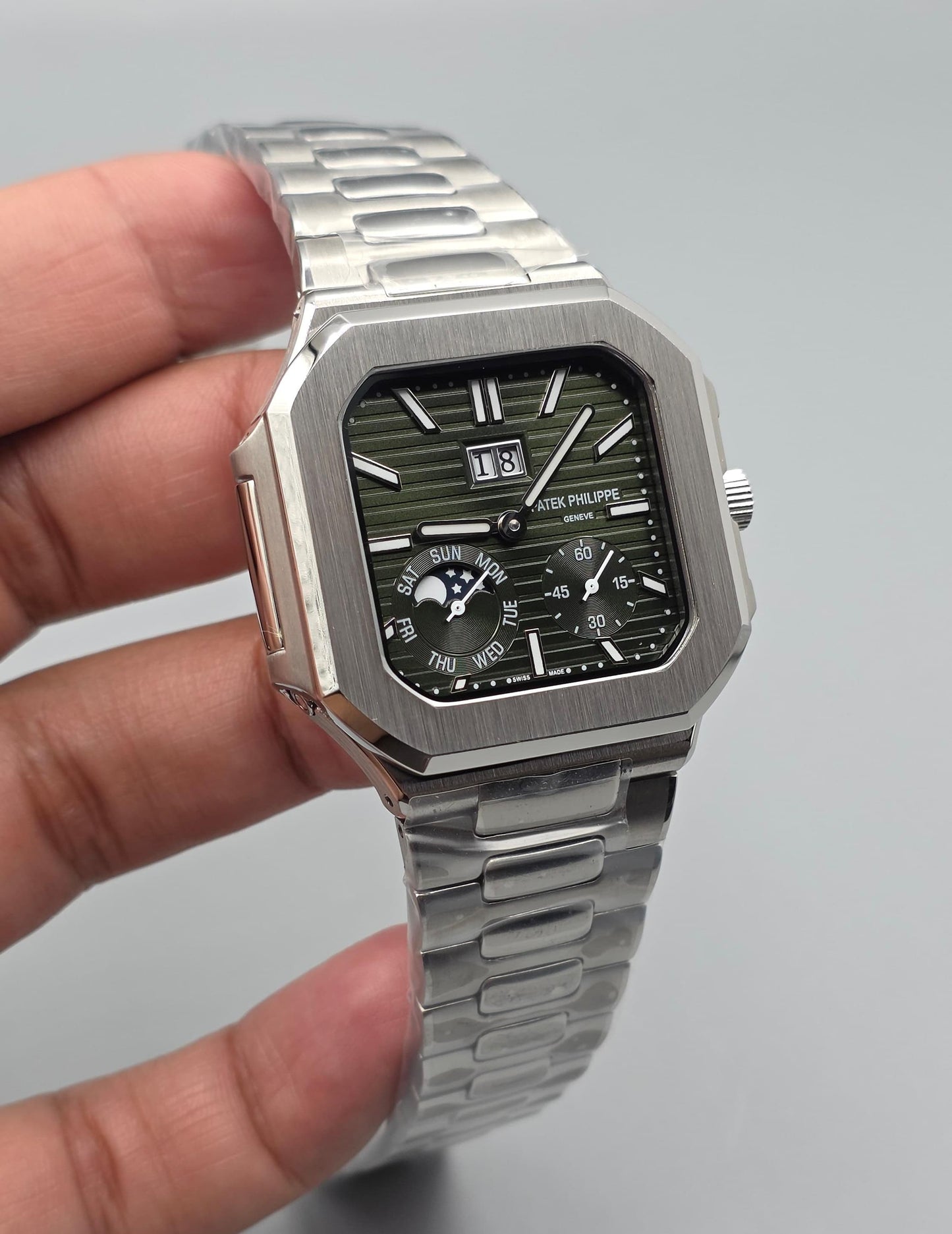 Luxury Square Multi-Function Watch – Olive Green Dial Steel Edition