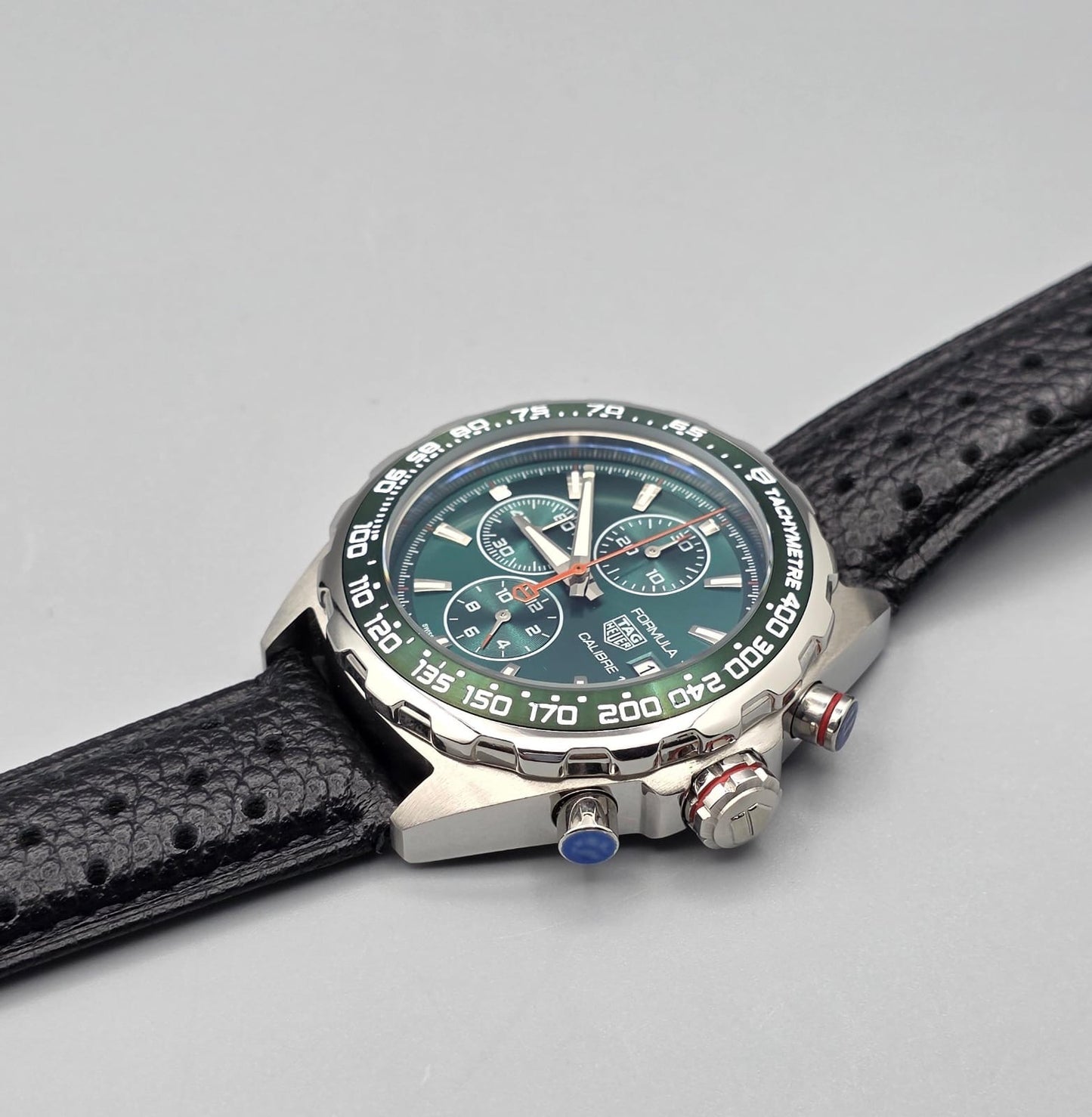 Green Dial Sport Chronograph Watch – Black Leather Strap