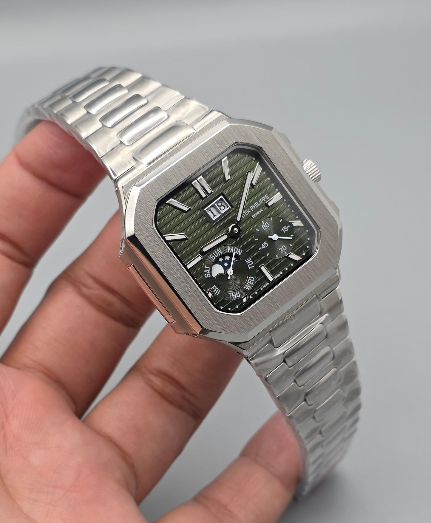 Luxury Square Multi-Function Watch – Olive Green Dial Steel Edition