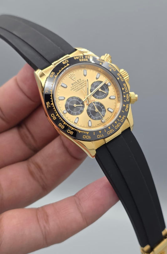 Luxury Black Strap Watch – Yellow Gold Finish