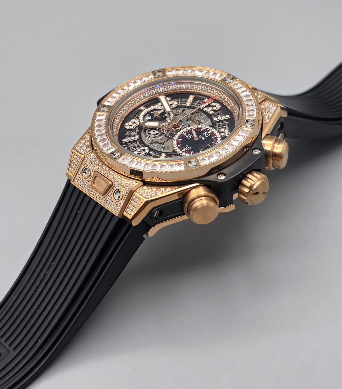 Premium Rose Gold Iced-Out Skeleton Chronograph Watch