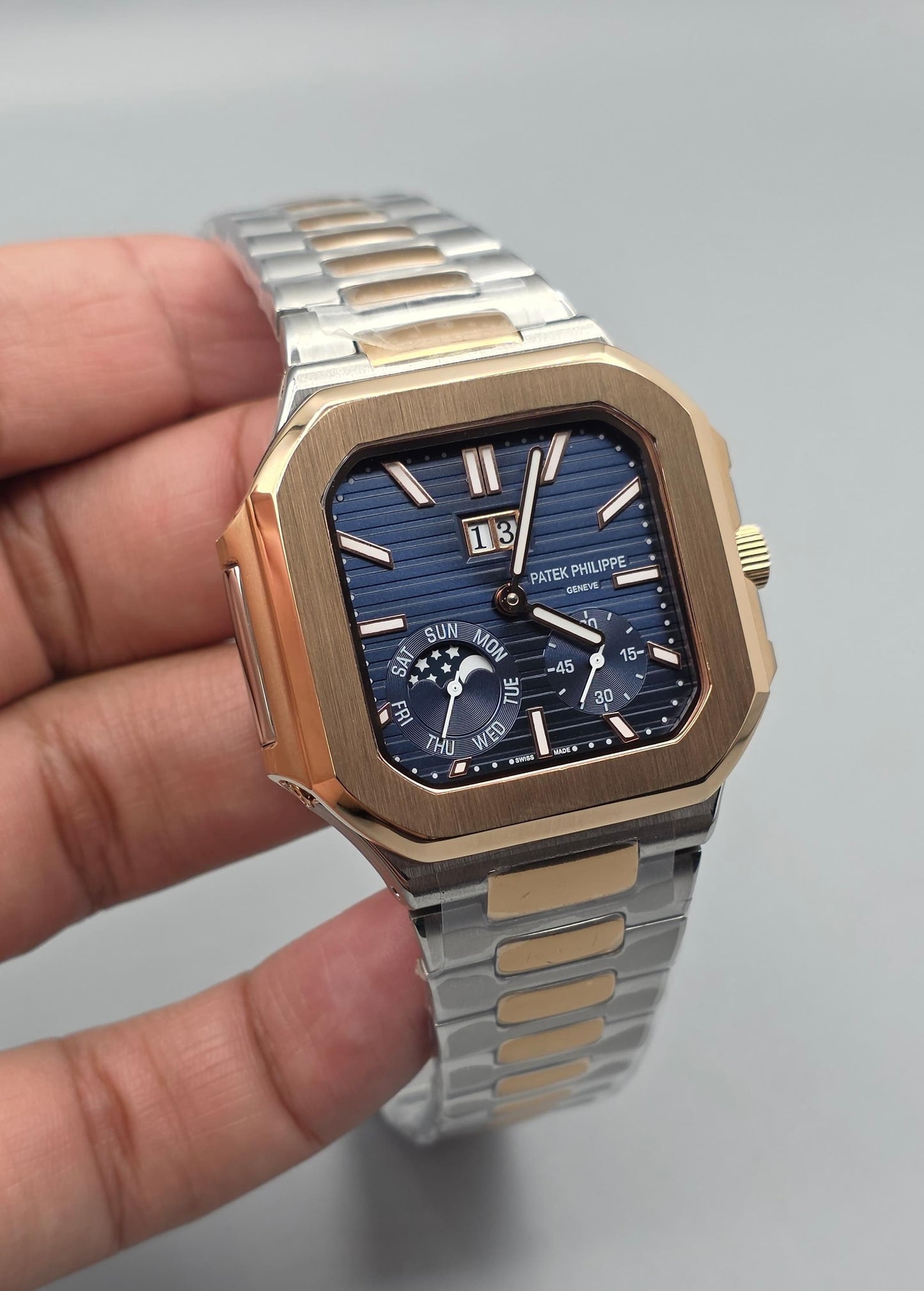 Luxury Square Multi-Function Watch – Blue Dial Two-Tone Edition