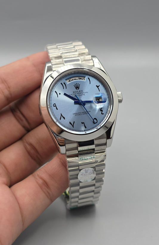 Premium Stainless Steel Ice Blue Arabic Dial Day-Date Luxury Watch