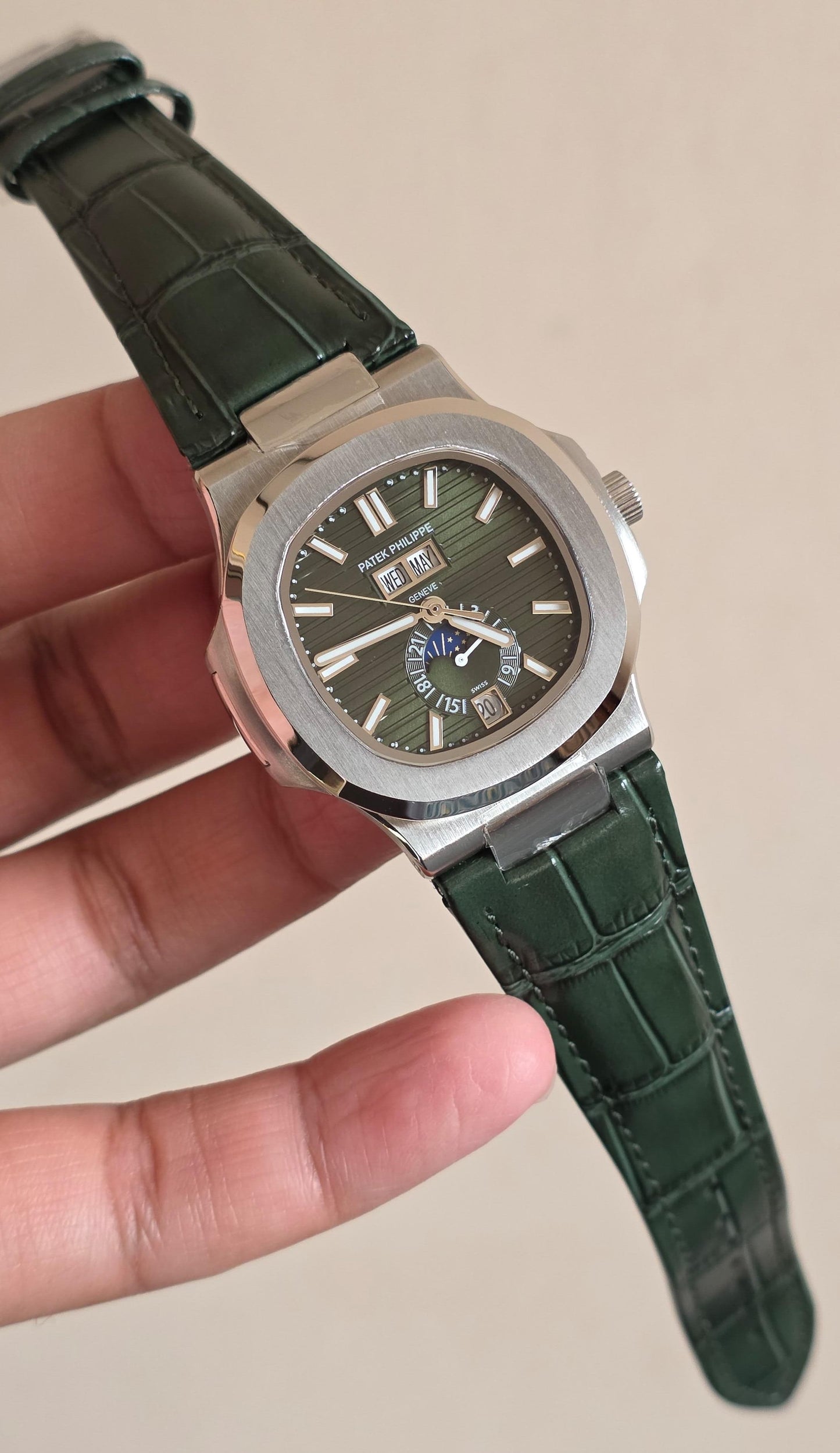 Luxury Automatic Watch with Day, Date, Month & Moonphase Green Dial