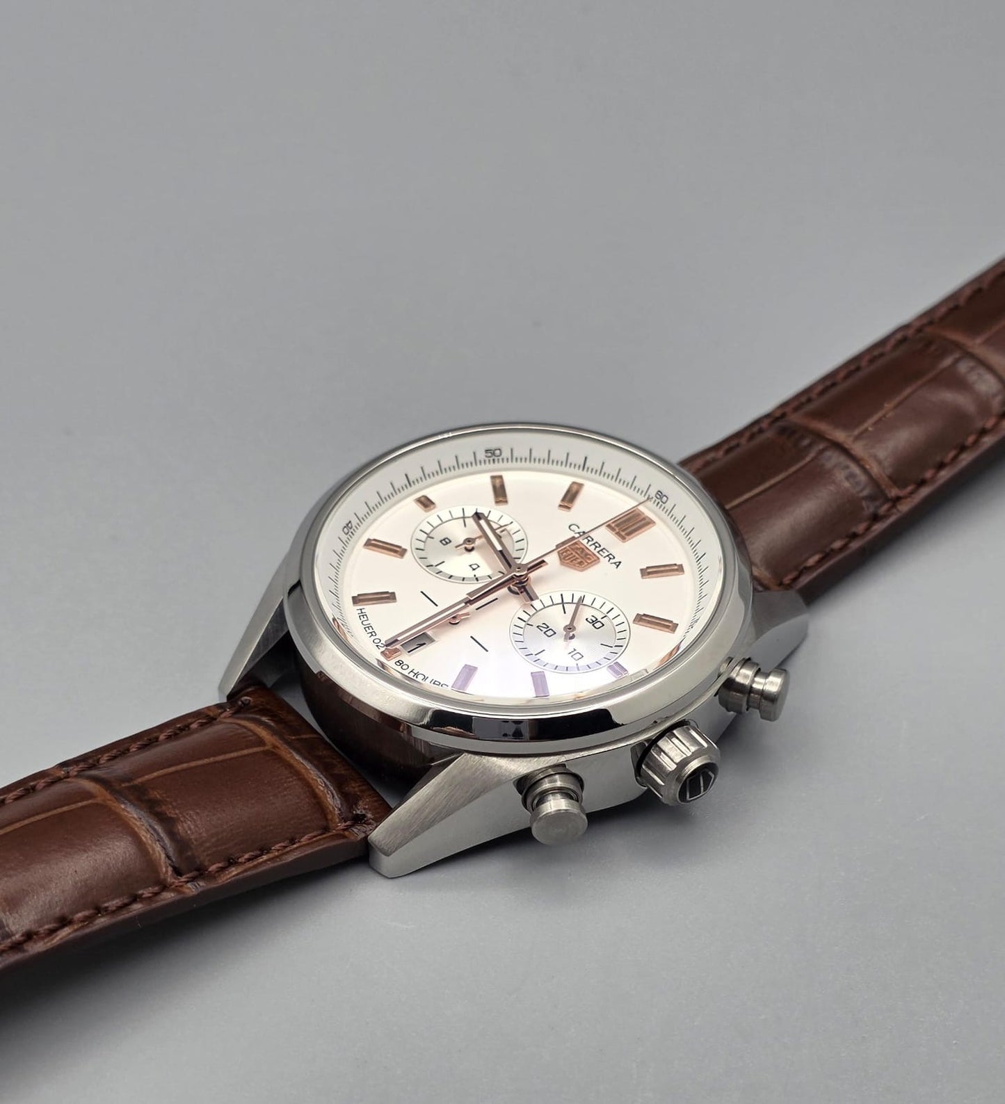Luxury Chronograph Watch – Silver Case with Brown Leather Strap