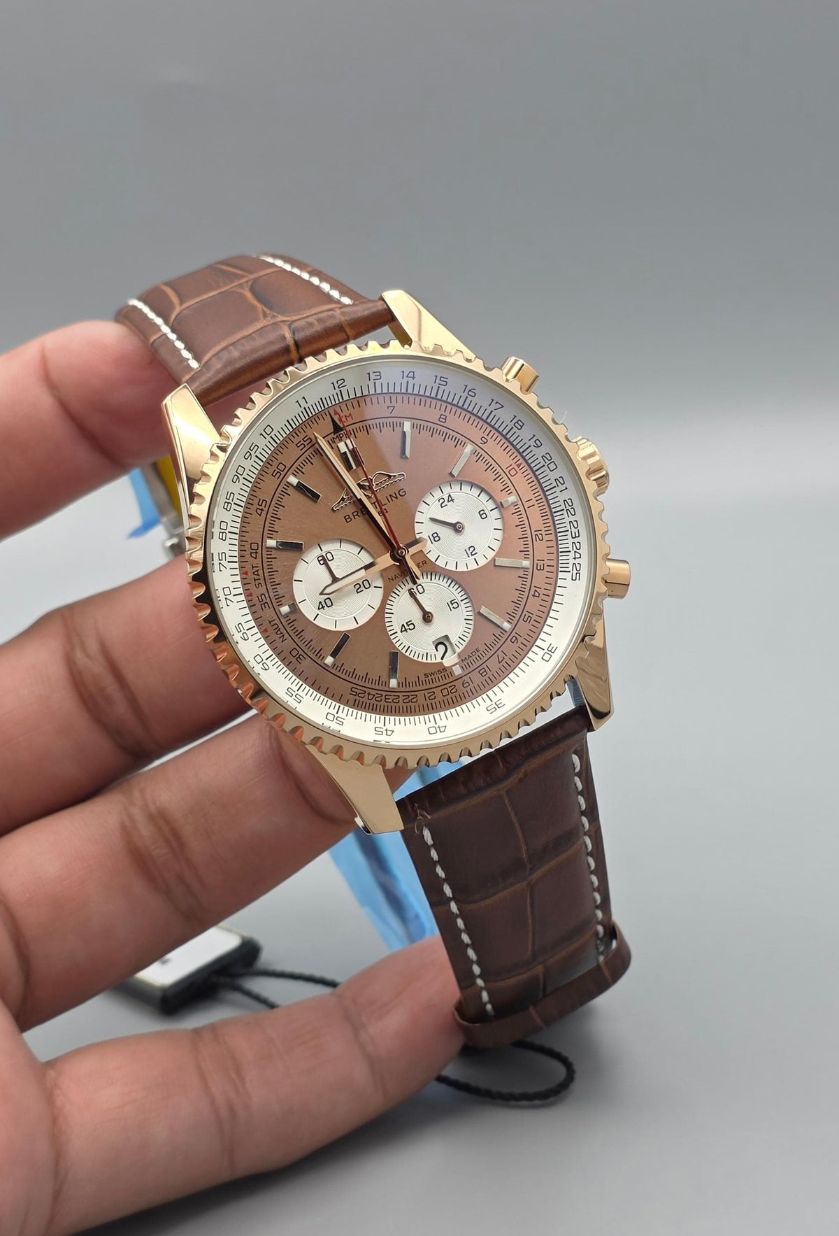 Premium Rose Gold Brown Dial Chronograph Watch – Brown Leather Strap