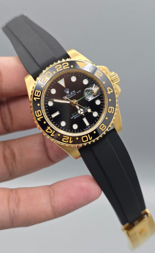 Luxury Gold GMT Watch-Black Rubber Strap
