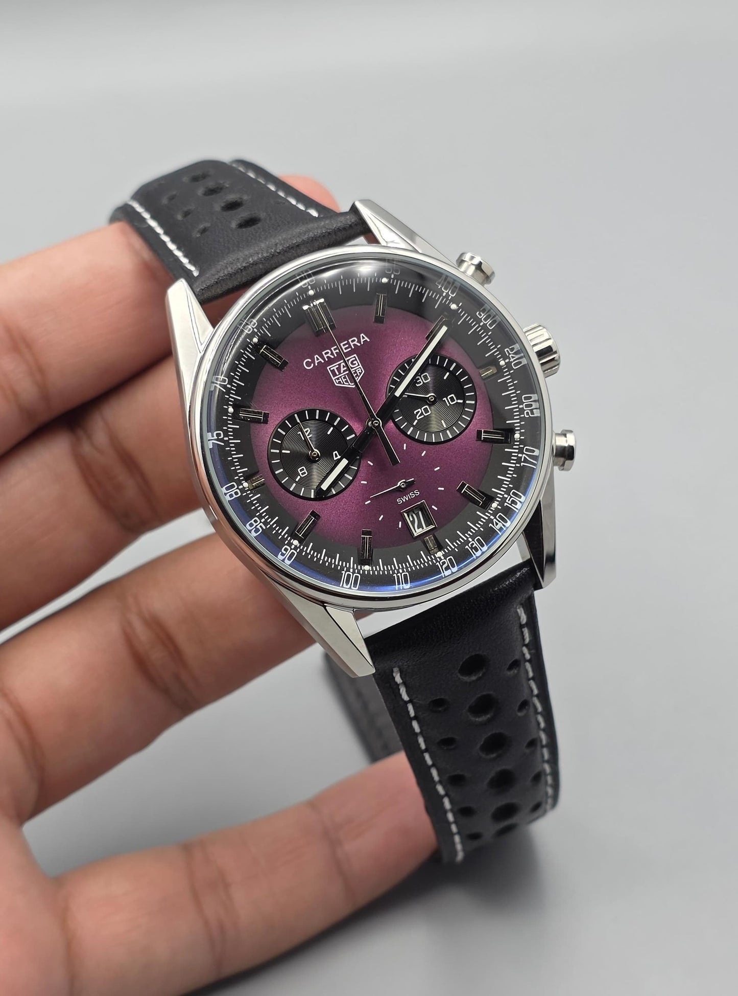 Premium Purple Dial Chronograph Perforated Leather Strap Racing Watch