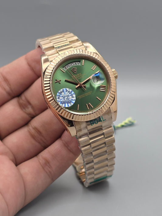 Premium Rose Gold Olive Green Day-Date Luxury Watch
