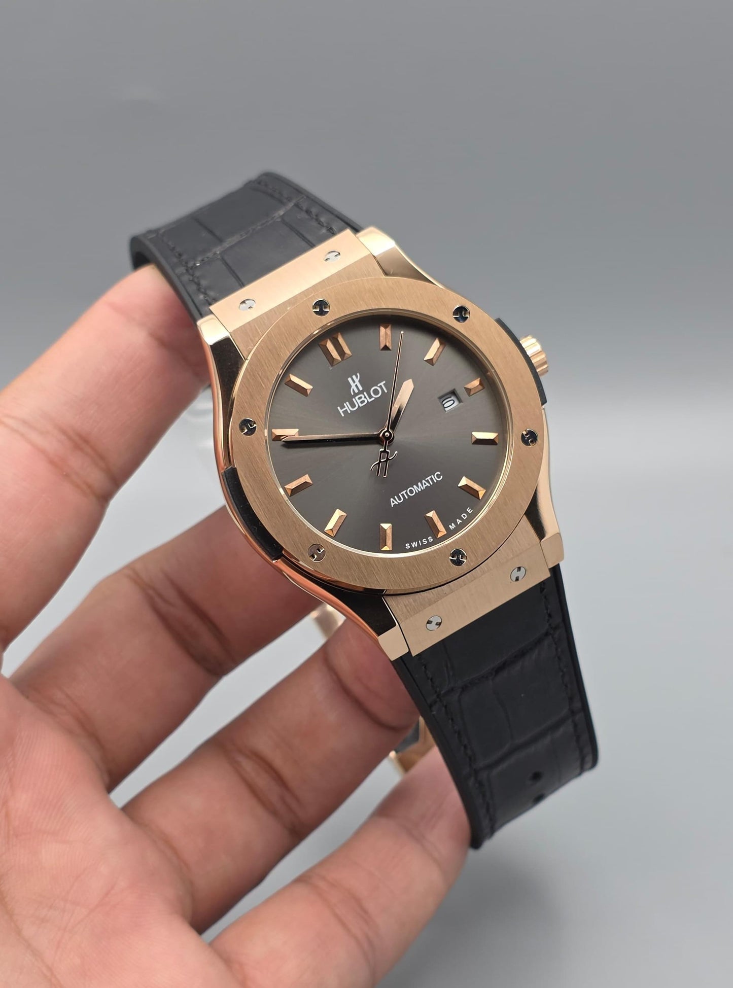 Premium Rose Gold Case Sunray Grey Dial Leather Strap Automatic Watch