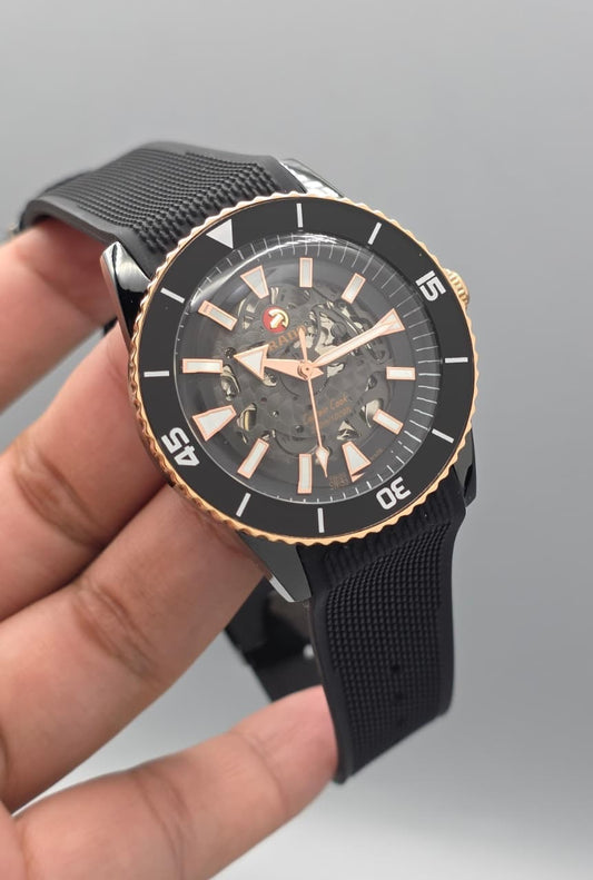 Luxury Black Skeleton Dial Watch - Rubber Strap