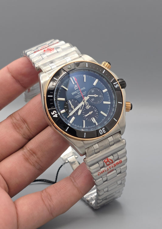 Premium Two-Tone Black Bezel Blue Dial Chronomat Luxury Watch