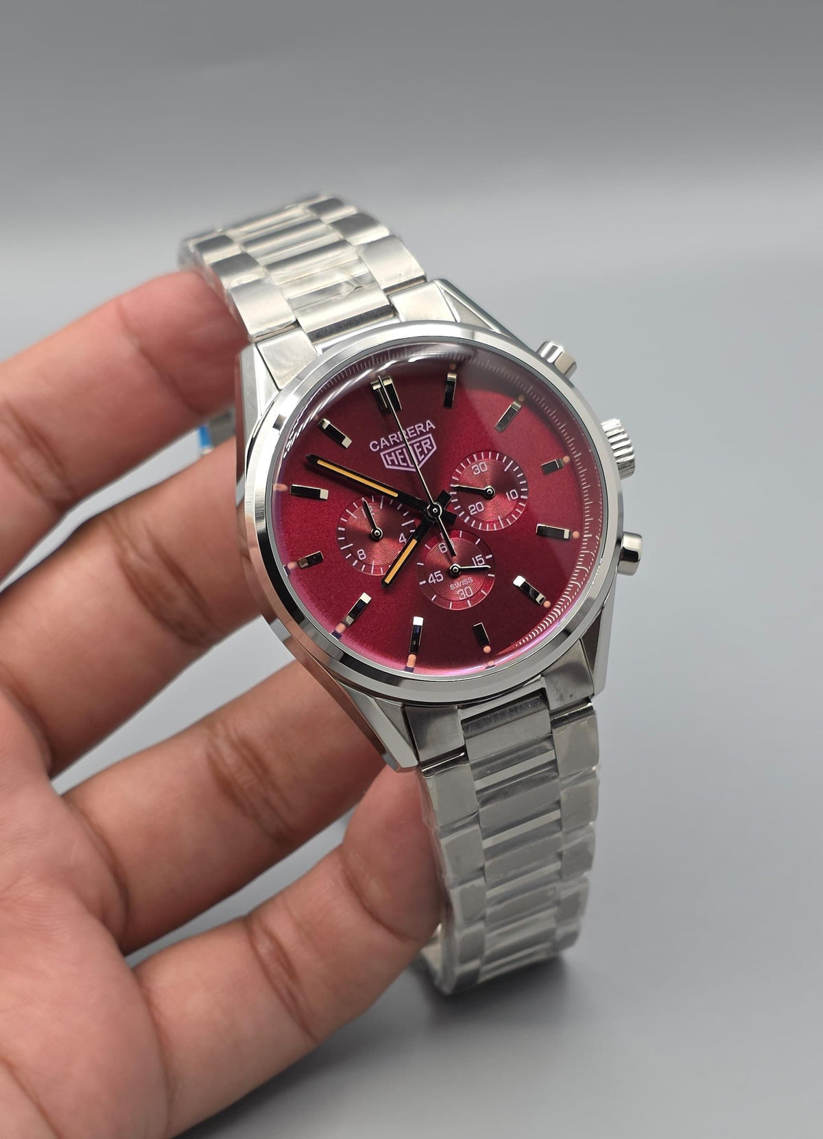 Premium Stainless Steel Crimson / Maroon Dial Chronograph Luxury Watch