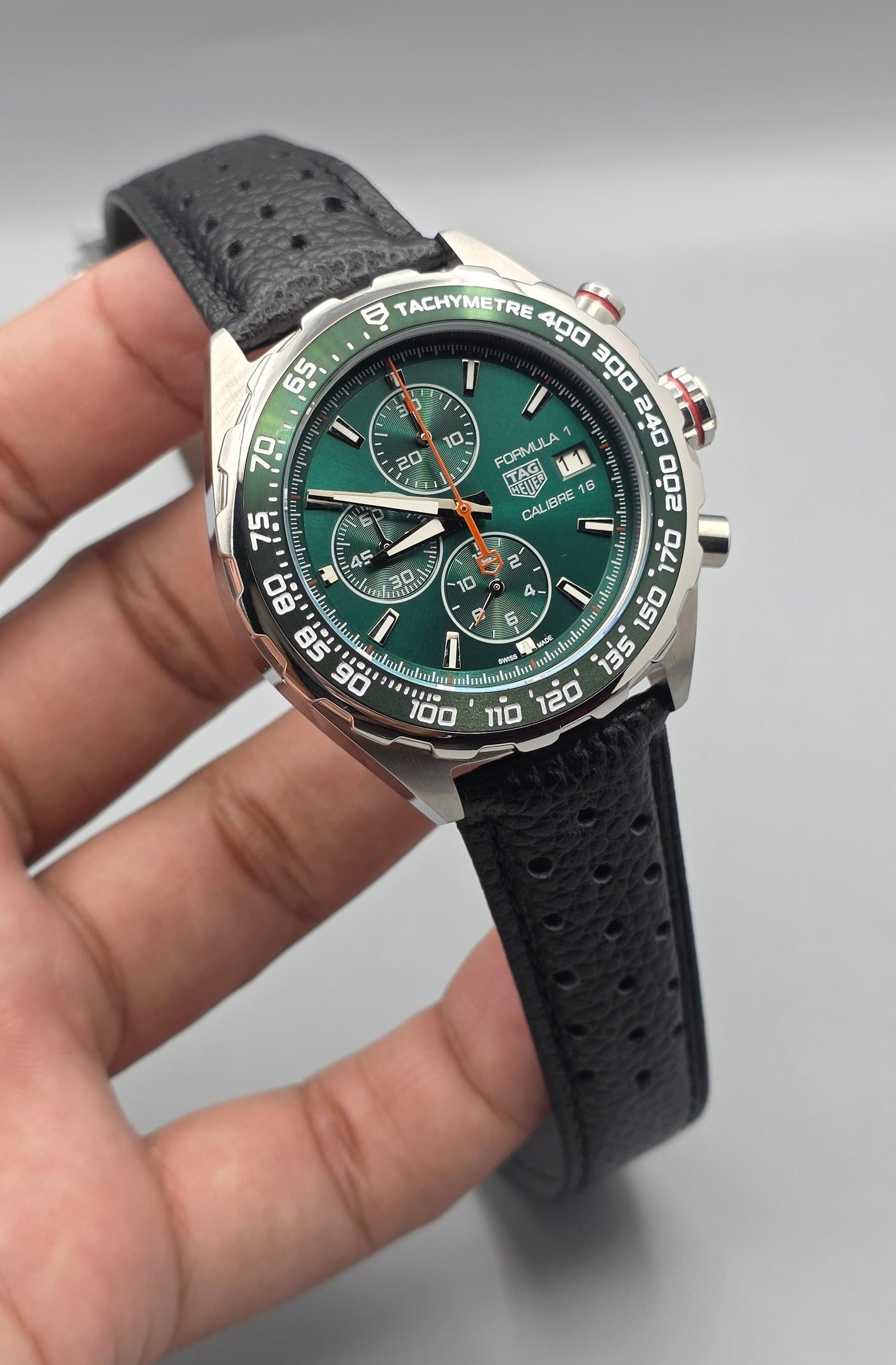 Green Dial Sport Chronograph Watch – Black Leather Strap
