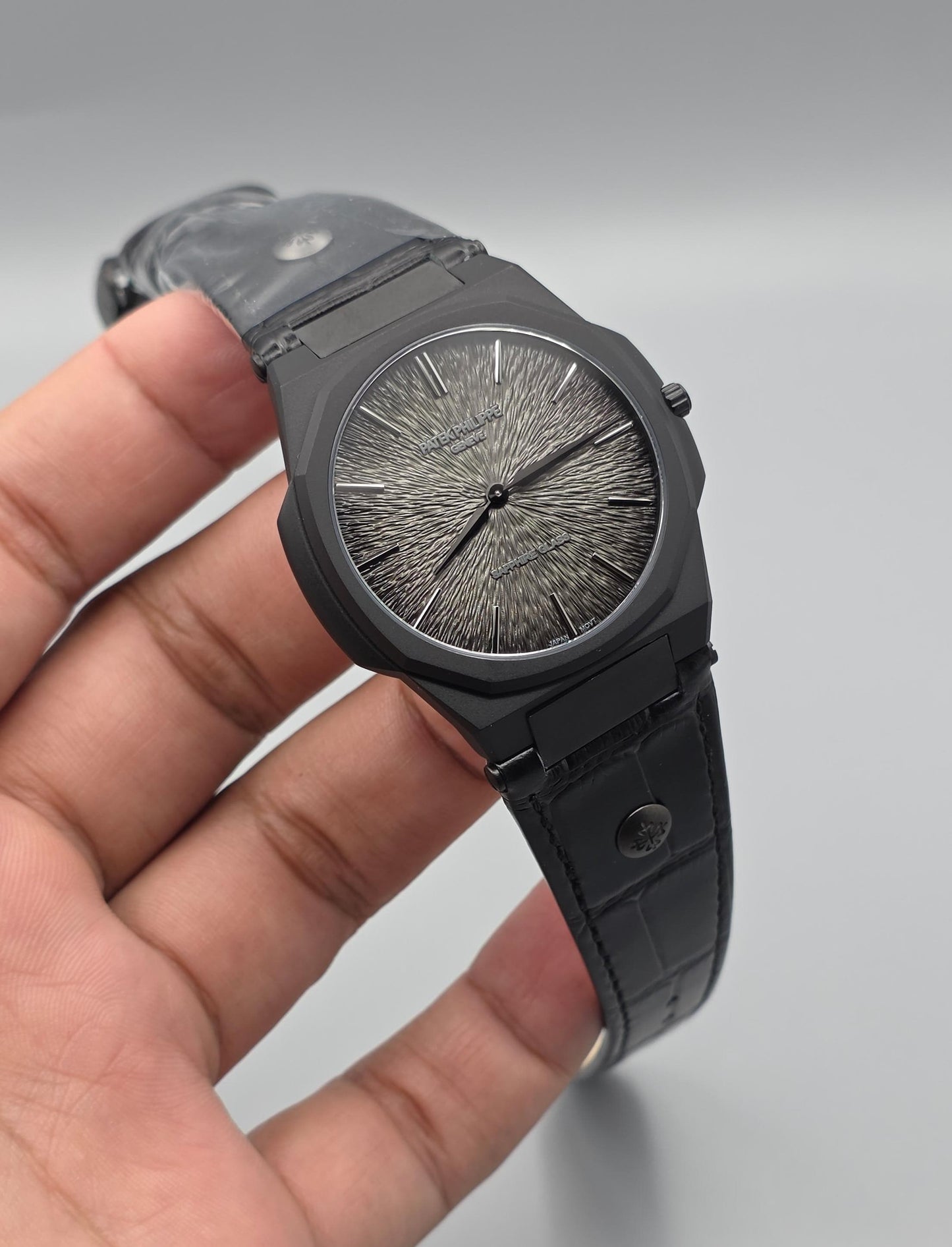 Black Luxury Watch with Silver Textured Dial & Black Leather Strap