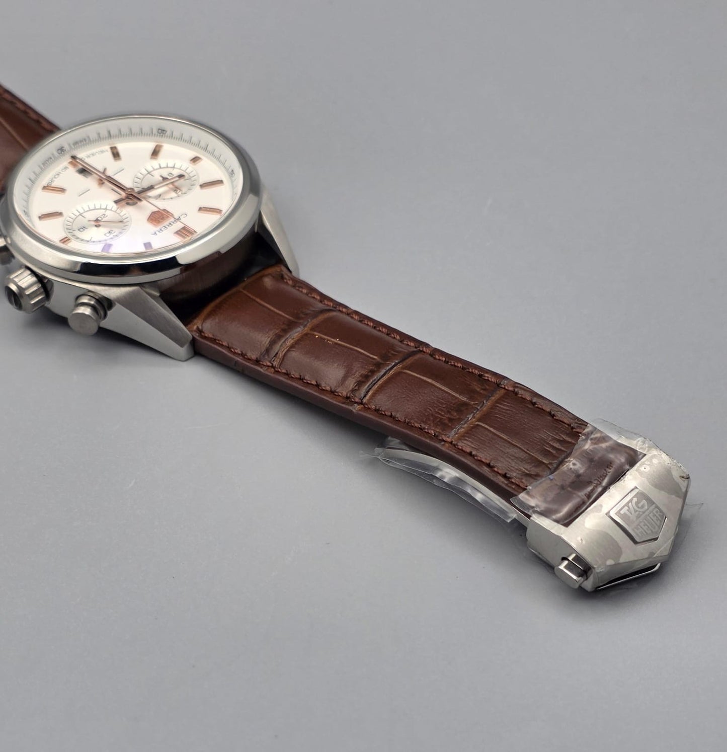 Luxury Chronograph Watch – Silver Case with Brown Leather Strap