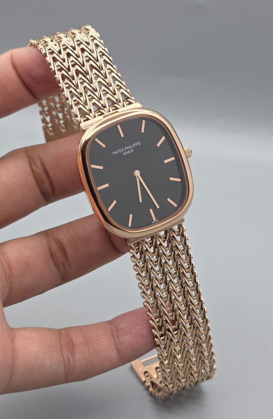 Luxury Dress Watch – Golden Ellipse Rose Gold Black Dial Chain Edition