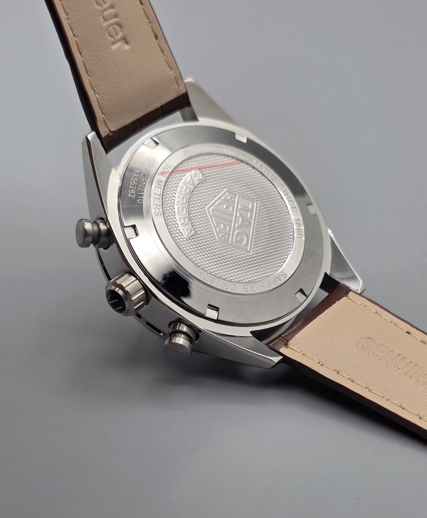 Luxury Chronograph Watch – Silver Case with Brown Leather Strap