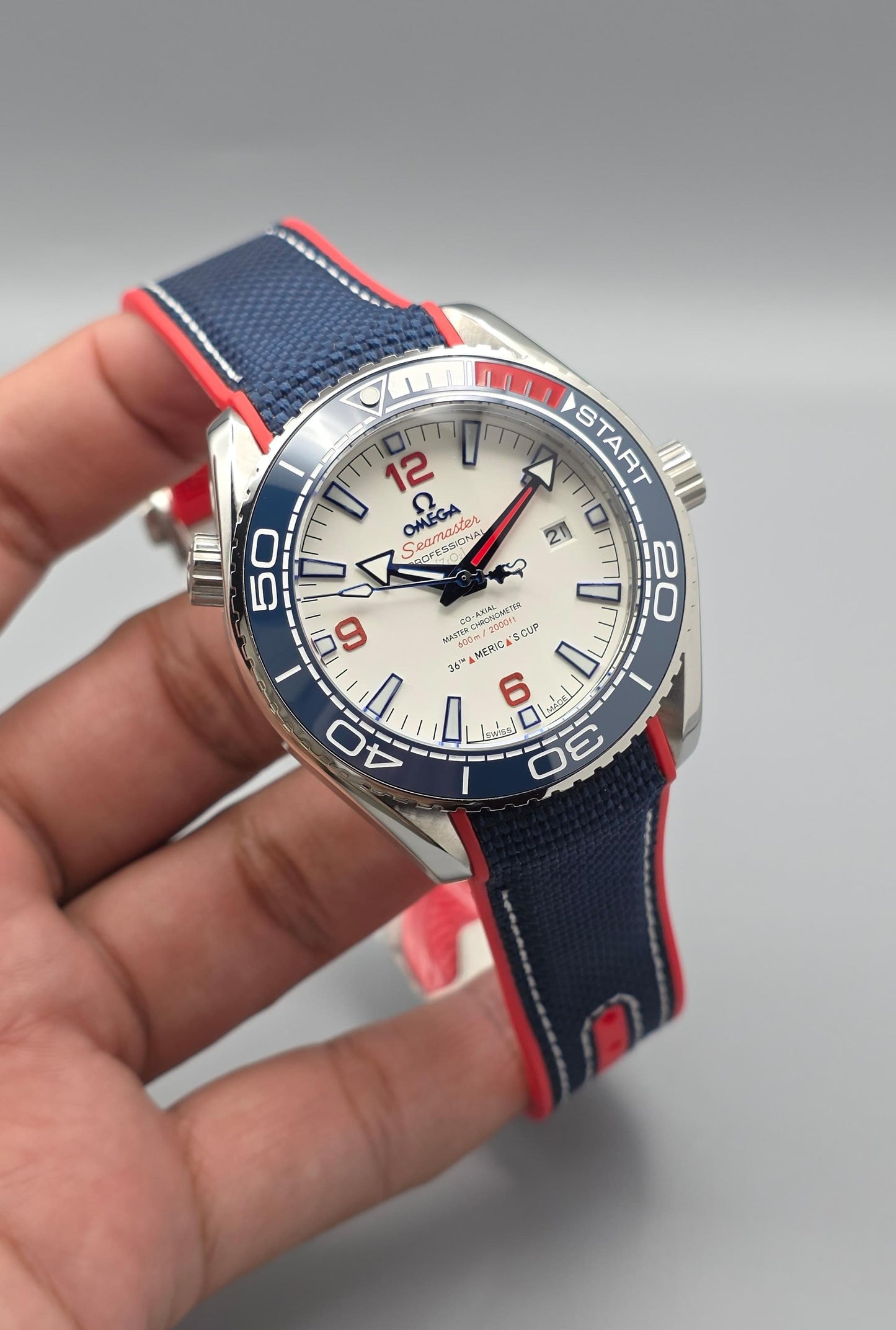White Dial Automatic Watch with Navy Blue & Red Rubber Strap