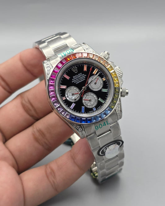 Premium Rainbow Gemstone Bezel  Luxury Automatic Watch