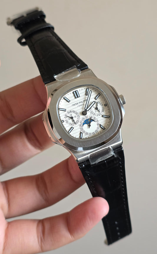 Luxury Automatic Watch – Full Calendar & Moonphase | White Dial