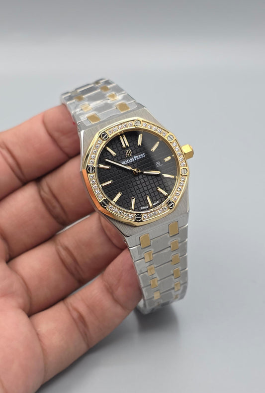 Luxury Two-Tone Diamond Bezel Black Dial Ladies Watch