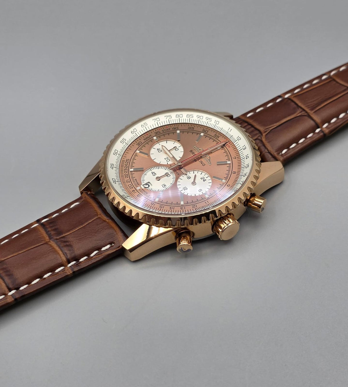 Premium Rose Gold Brown Dial Chronograph Watch – Brown Leather Strap