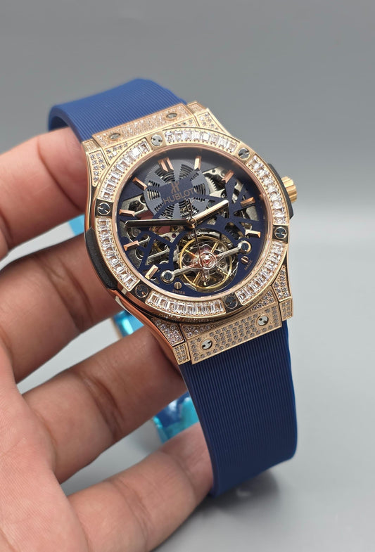 Luxury Skeleton Diamond Watch – Rose Gold Blue Edition