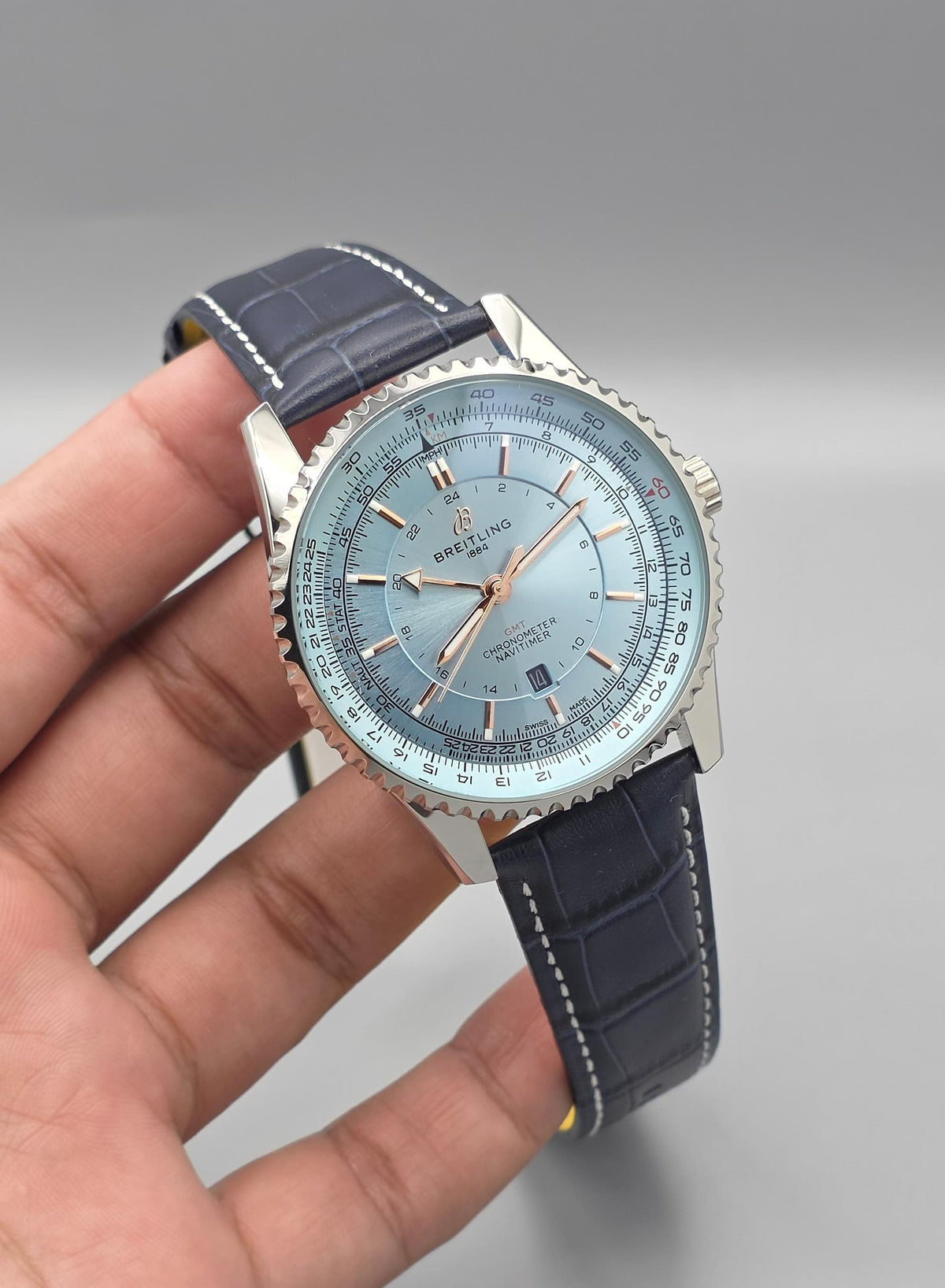 Premium Ice Blue Dial Automatic G.M.T Luxury Watch – Navy Blue Leather Strap