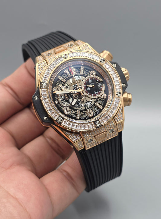 Premium Rose Gold Iced-Out Skeleton Chronograph Watch
