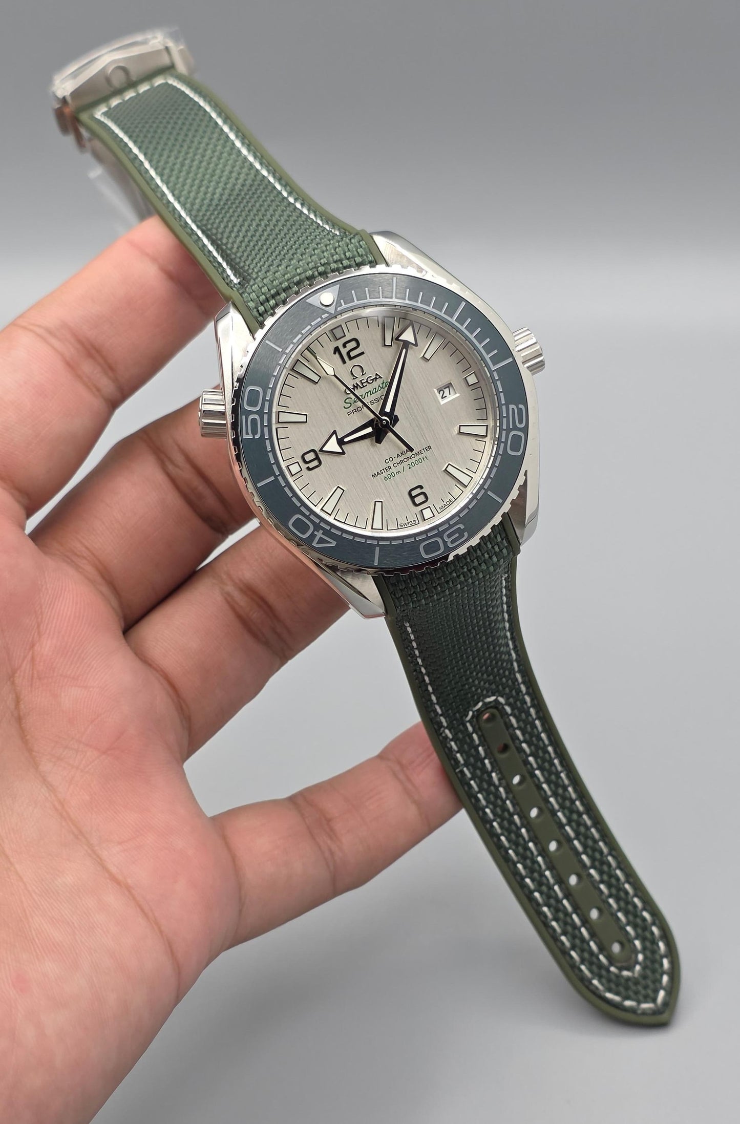 Silver Dial Automatic Watch with Green Rubber Strap