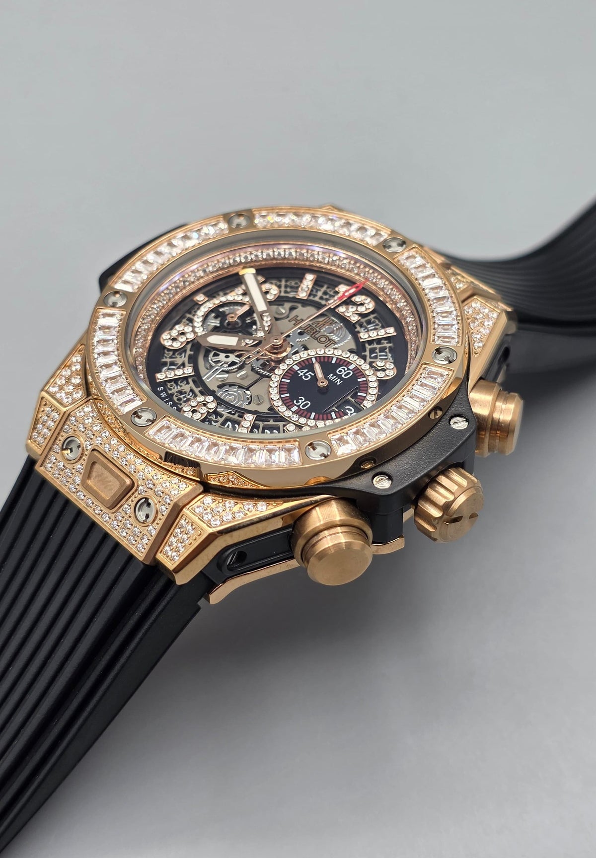 Premium Rose Gold Iced-Out Skeleton Chronograph Watch