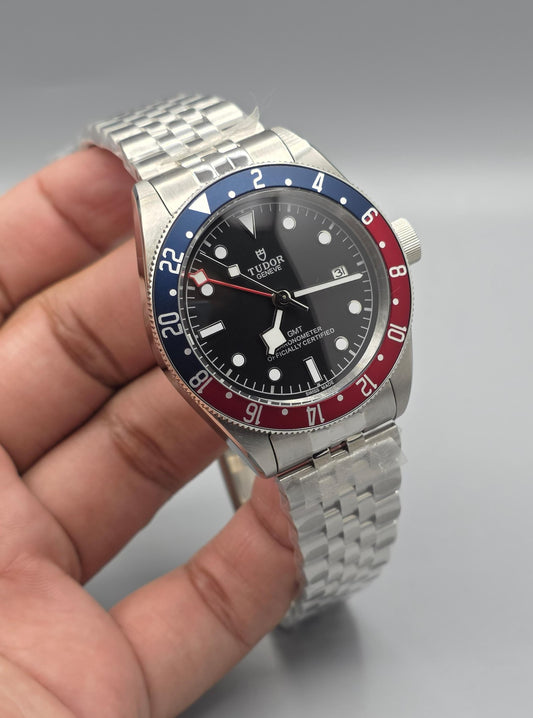 Black Dial Red & Blue GMT Automatic Stainless Steel Watch