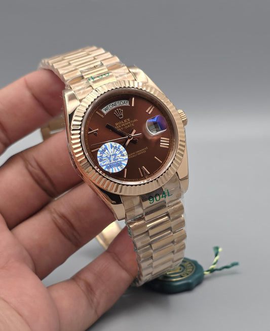 Premium Rose Gold Chocolate Brown Day-Date Luxury Watch