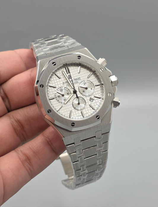 Premium Stainless Steel Silver White Chronograph Luxury Watch