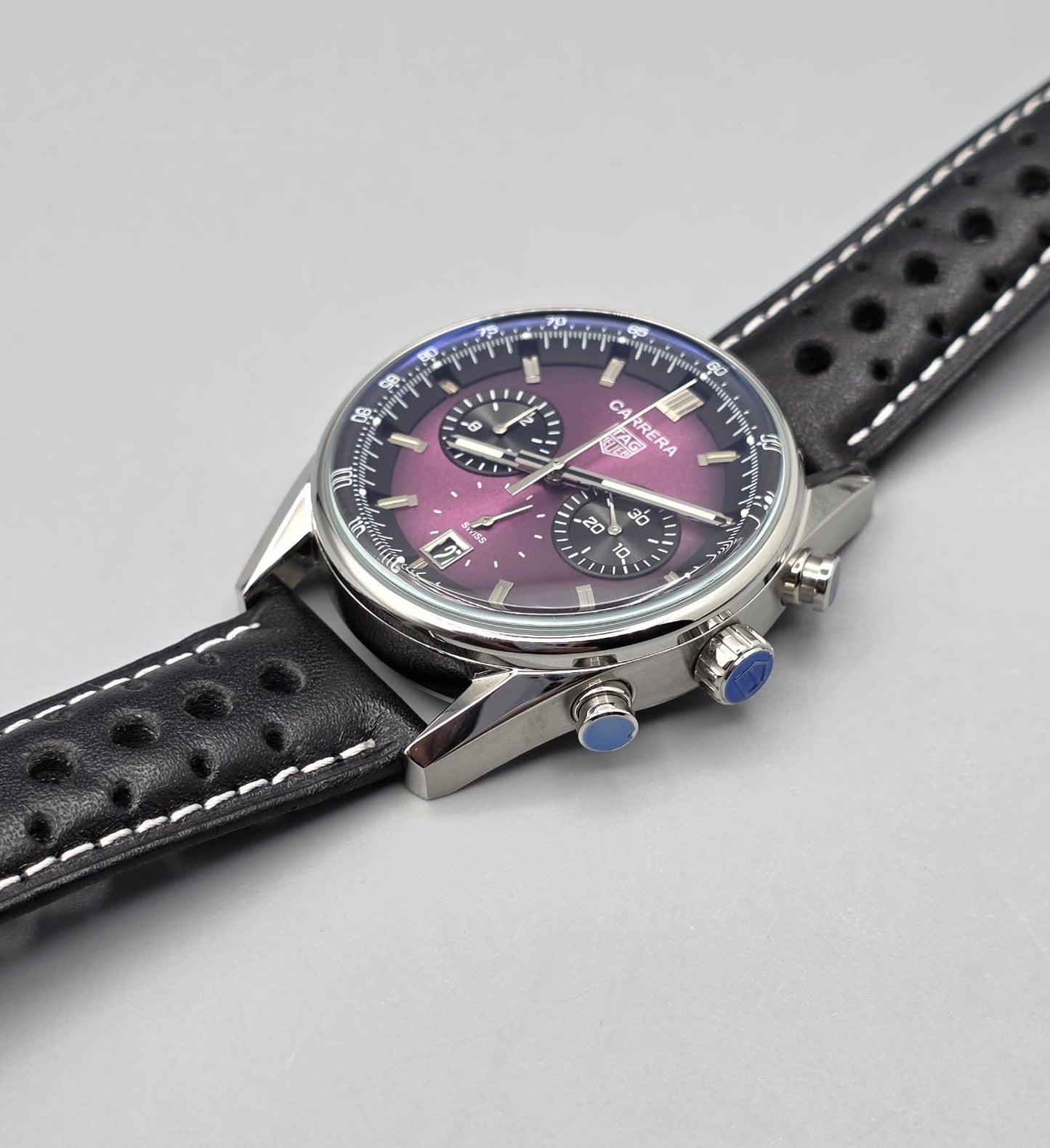 Premium Purple Dial Chronograph Perforated Leather Strap Racing Watch