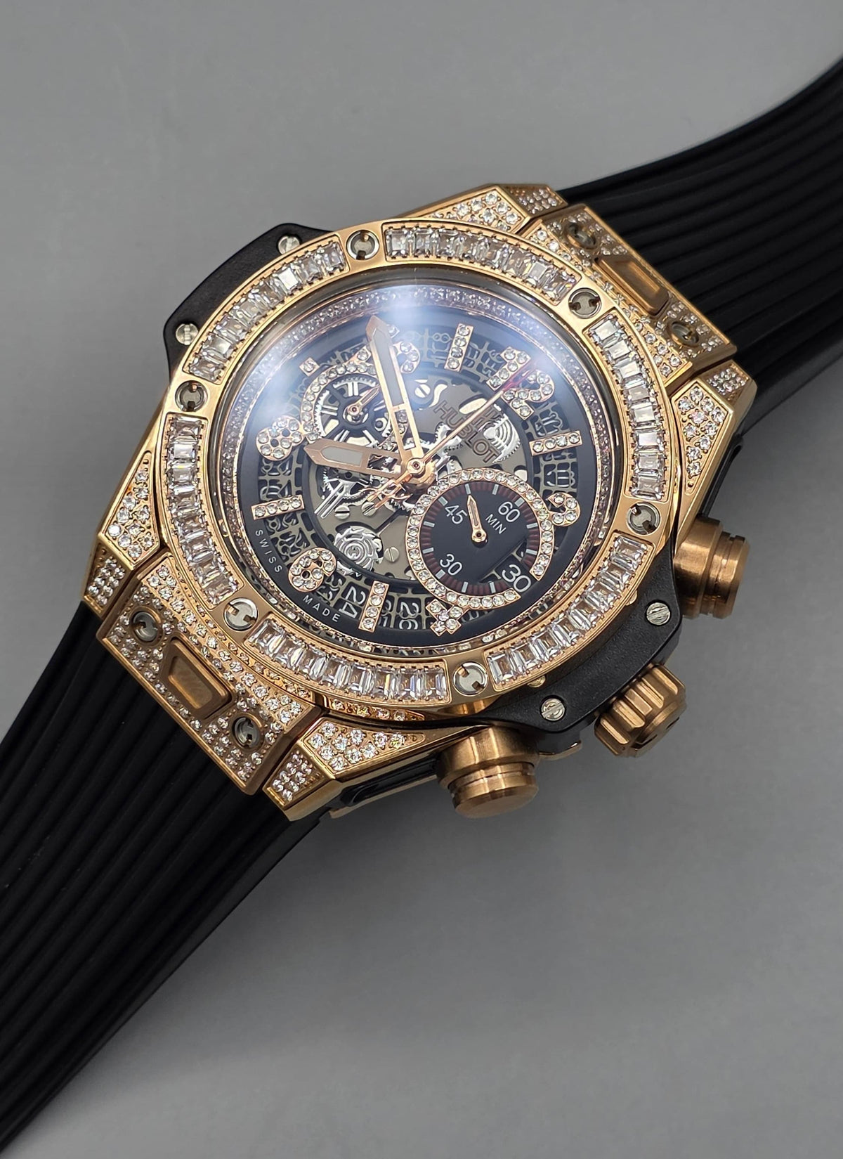 Premium Rose Gold Iced-Out Skeleton Chronograph Watch