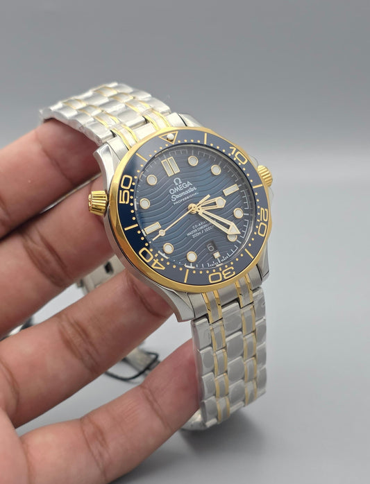 Premium Two-Tone Yellow Gold & Silver Blue Wave Dial Automatic Diver Luxury Watch