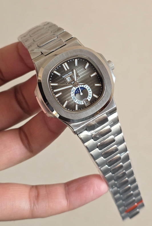 Luxury Automatic Stainless Steel Watch – Day, Date, Month & Moonphase Gray Dial