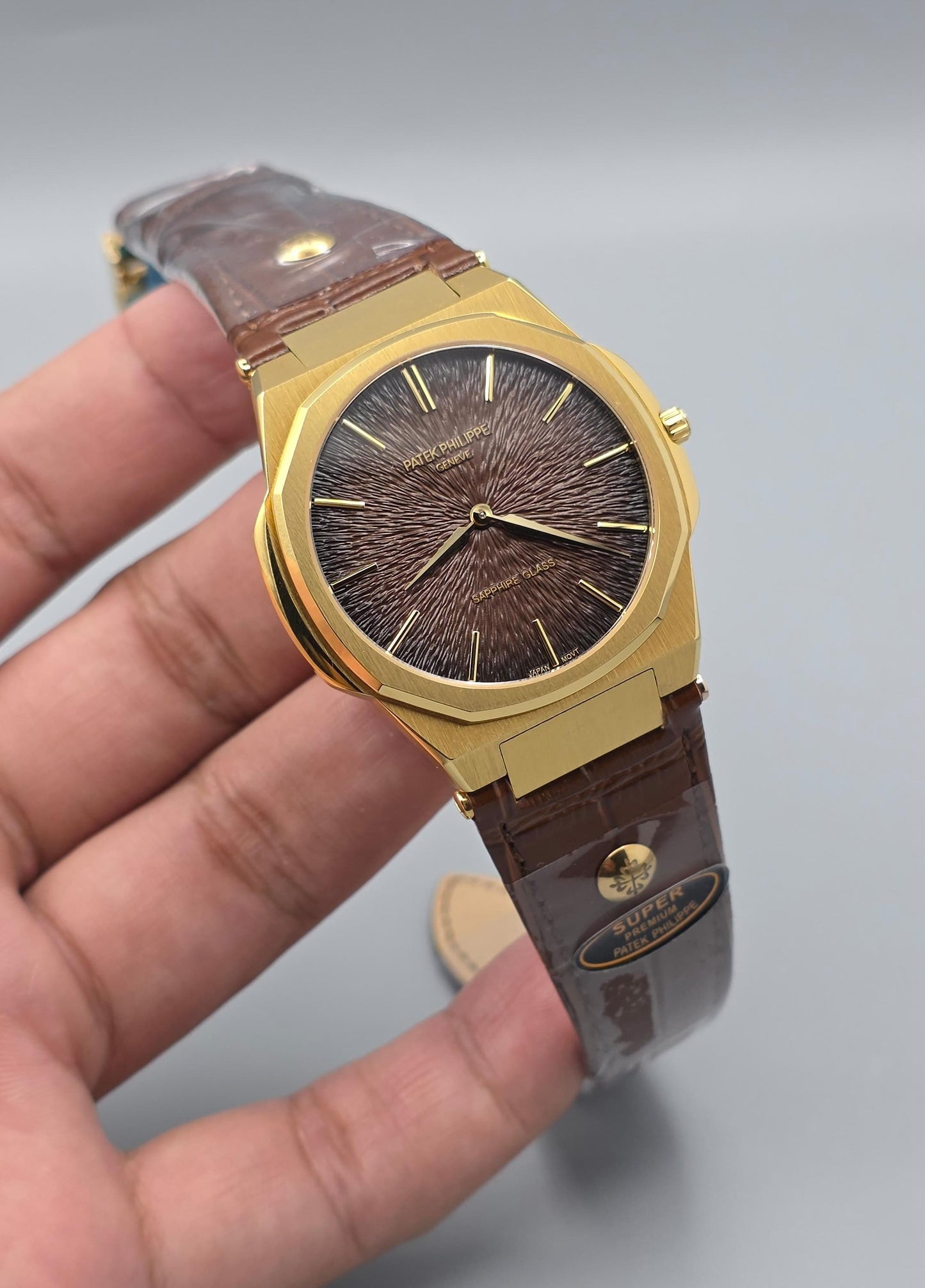 Gold Luxury Watch with Brown Textured Dial & Premium Leather Strap