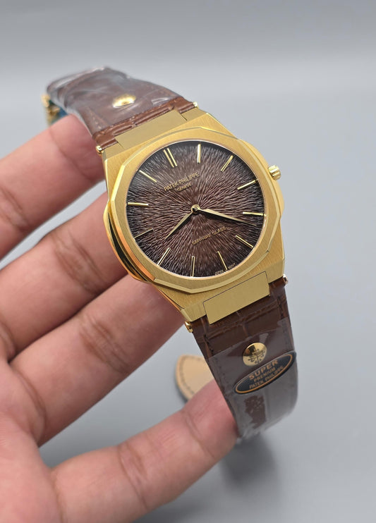 Gold Luxury Watch with Brown Textured Dial & Premium Leather Strap