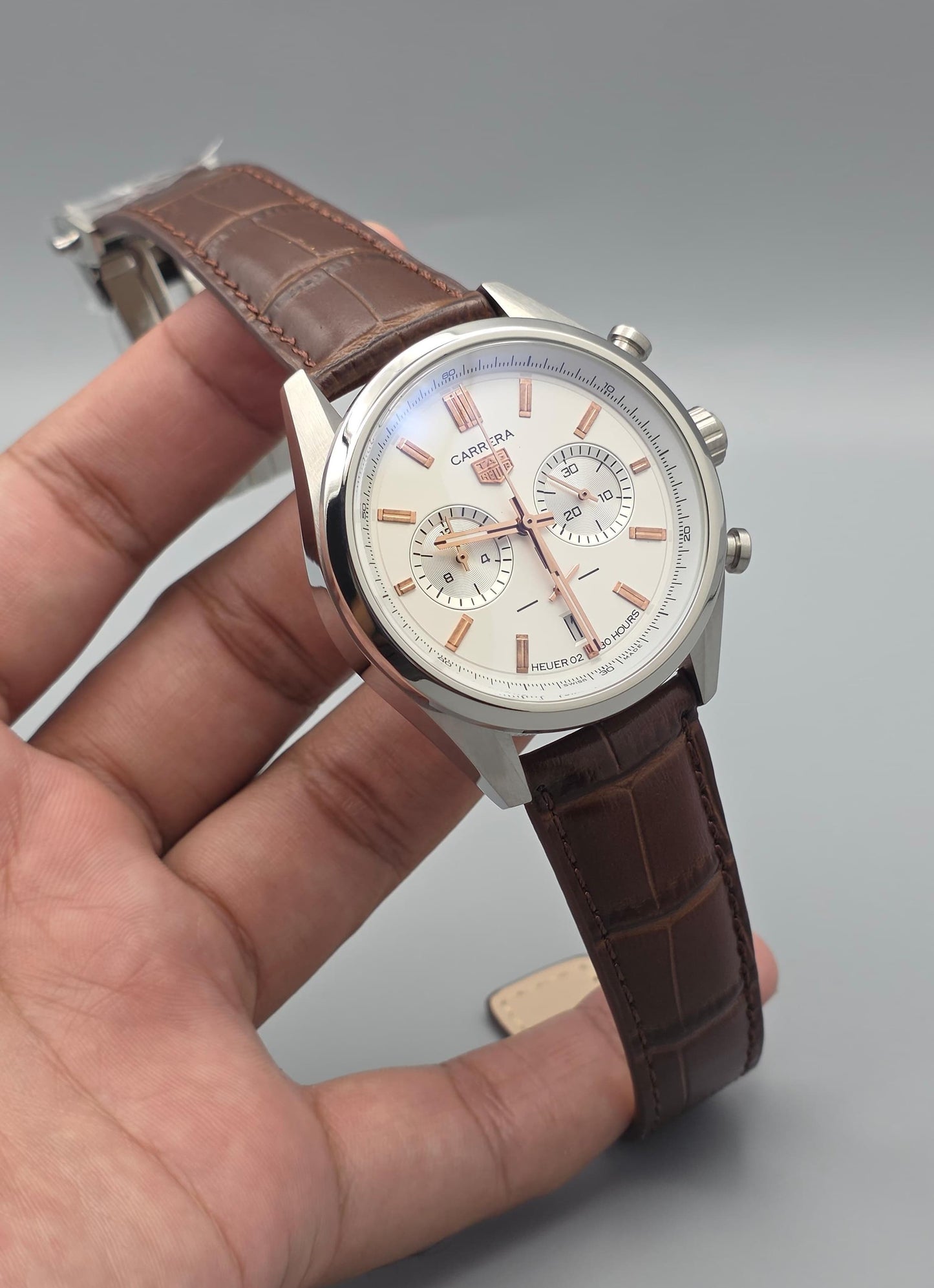 Luxury Chronograph Watch – Silver Case with Brown Leather Strap