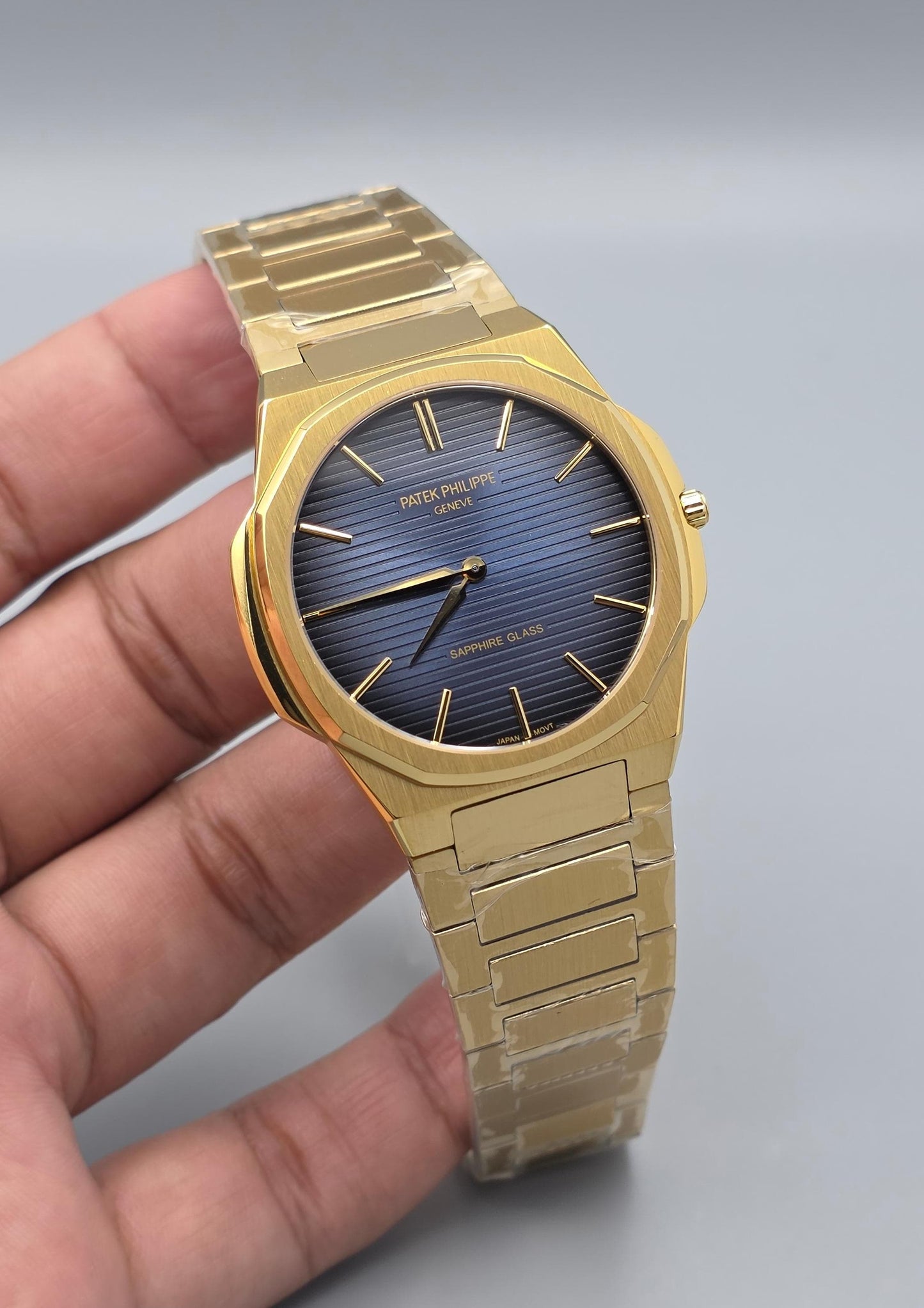 Elegant Gold-Tone Blue Dial Stainless Steel Watch